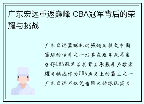 广东宏远重返巅峰 CBA冠军背后的荣耀与挑战