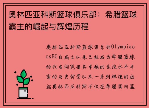 奥林匹亚科斯篮球俱乐部：希腊篮球霸主的崛起与辉煌历程
