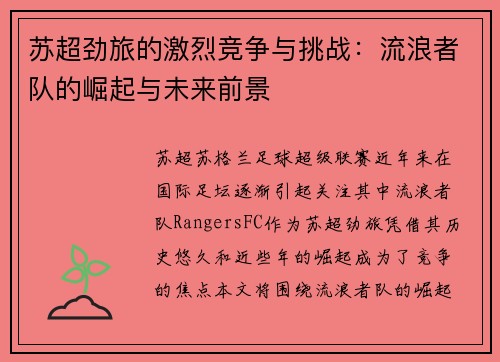 苏超劲旅的激烈竞争与挑战：流浪者队的崛起与未来前景
