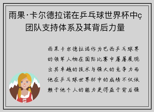 雨果·卡尔德拉诺在乒乓球世界杯中的团队支持体系及其背后力量 雨果·卡尔德拉诺在乒乓球世界杯中的团队支持体系及其背后力量
