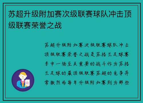 苏超升级附加赛次级联赛球队冲击顶级联赛荣誉之战