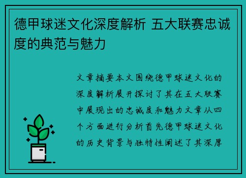 德甲球迷文化深度解析 五大联赛忠诚度的典范与魅力 德甲球迷文化深度解析 五大联赛忠诚度的典范与魅力